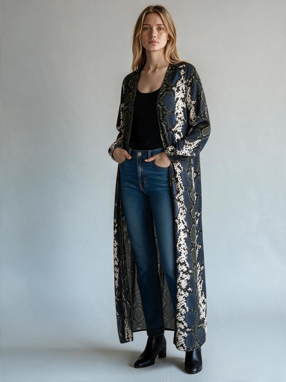 Buddy Love Black Snake-Print Longline Kimono Duster S/M Bohemian Chic